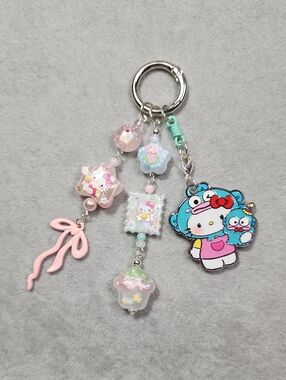 Sanrio Hello Kitty Blue Hangyodon Charm Keyring with Pastel Pink & Mint Accents